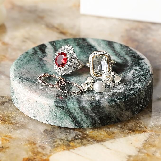 Koville Marble Jewelry Dish, Small Round Trinket Dish for Ring Necklace Earring, 4" Decorative Dish, Natural Stone Soap Dish for Bathroom Kitchen