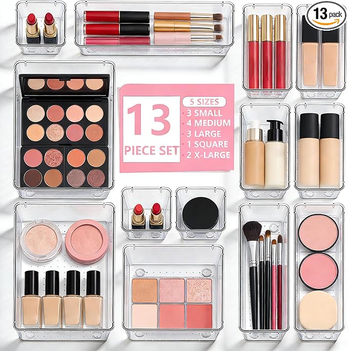 13 Pcs Makeup Drawer Organizer Set, 5 Sizes Versatile Vanity Drawer Organizer for Makeup, Non-Slip Desk Organizer Trays for Bathroom, Bedroom, Office, Fits Jewelry and Office Supplies