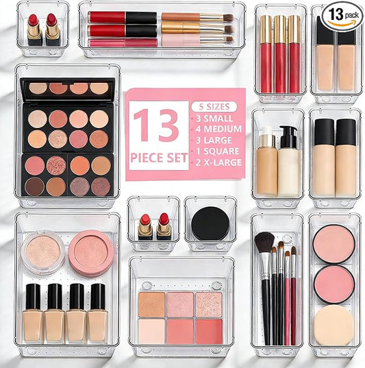 13 Pcs Makeup Drawer Organizer Set, 5 Sizes Versatile Vanity Drawer Organizer for Makeup, Non-Slip Desk Organizer Trays for Bathroom, Bedroom, Office, Fits Jewelry and Office Supplies
