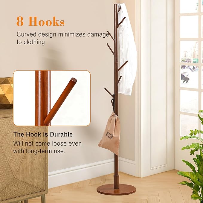 VECELO Coat Rack Freestanding, Entryway Hanger Stand, Umbrella Holder, Hall Tree With Hooks, Floor Standing Metal Tree Stand,Walnut