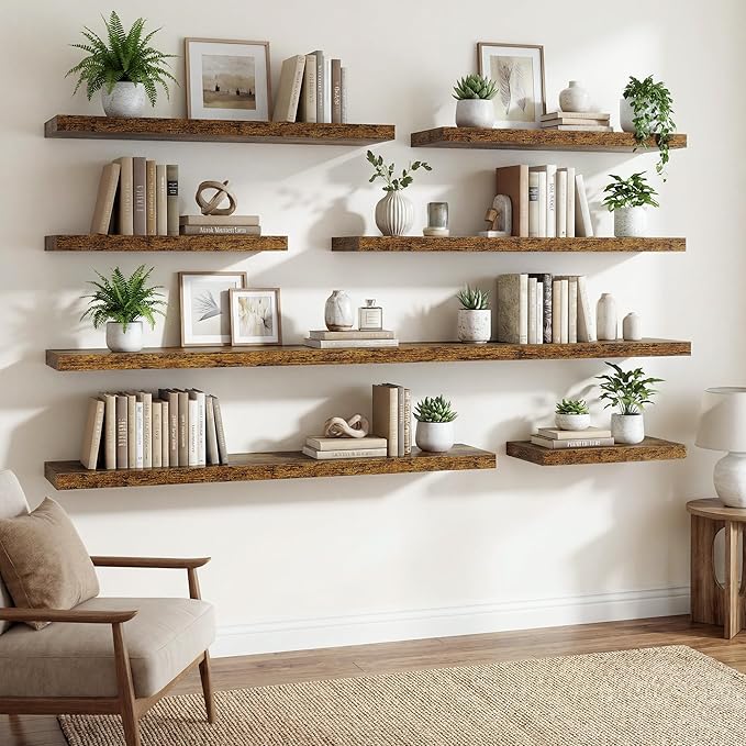 24 Inch Floating Shelves for Wall Decor,9.3" Deep Floating Shelf Wall Book Shelves,Large Display Storage Shelf,Wall Mounted Shelves with Invisible Bracket for Living Room,Bedroom,Bathroom,Rustic Brown