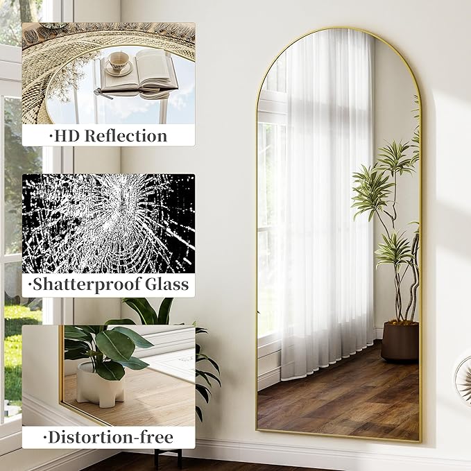 Arched Full Length Mirror 64"x21", Floor Standing Body Mirror with Aluminum Frame,Leaning Hanging for Bedroom Cloakroom Living Room Gold