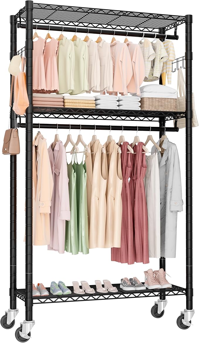 Heavy Duty Rolling Garment Rack 3 Tiers with Wheels,Metal Portable Closet Rack,Freestanding Clothes Rack,Closet Organizer System with 23.6" W x 15.7" D x 76" H, Max Load 400Lbs (Black)