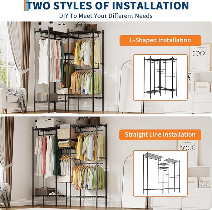 IDEALHOUSE Heavy Duty Clothes Rack for Hanging Clothes, Load 1000LBS Portable Closet Wardrobe with Shelves, Freestanding Adjustable Garment Rack for Bedroom, Walk-in Closet, 86.2"x 17.3"x 76.4", Black