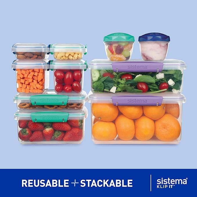 Sistema 20-Piece Food Storage Containers with Lids and Salad Dressing and Condiment Containers, Dishwasher Safe, Color May Vary