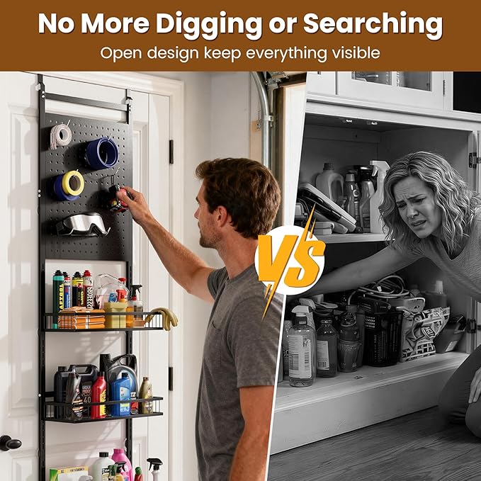 mustry Over The Door Organizer, Door Organizer Hanging with 2 PegBoards and 6 Adjustable Baskets, Back of Door Storage for Pantry, Bathroom, Laundry Room, Metal