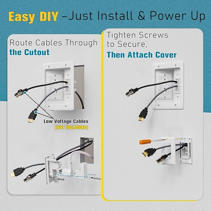 TV Cord Hider for Wall Mounted TV, in-Wall Cable Management Kit, Outlet Box– Dual Outlet Cord Hider with Power & Low Voltage Support, Includes Drywall Saw, Template & Extension Cable