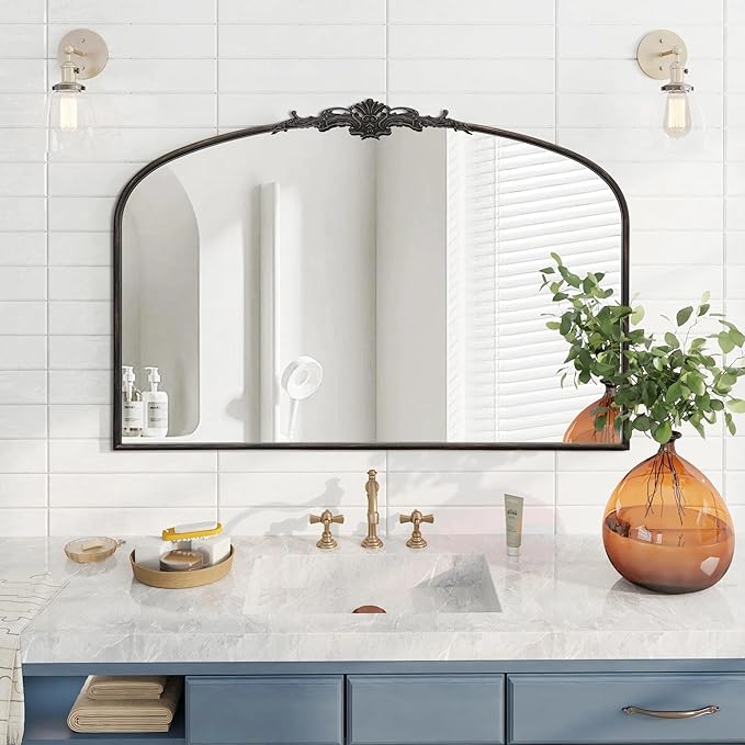 Besdomus Antique Arched Large Mirror: 48"x33" French Oversize Black Arch Antique Wall Mounted Mirror - Baroque Traditional Ornate for Living Room/Fireplace/Bathroom- Home Decor for Interior Designers