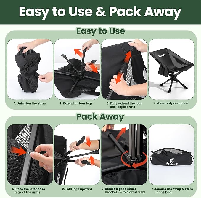 Folding Camping Chairs Lightweight & Portable, No Assembly, 360° Swivel Camping Chair for Adults, Compact Outdoor Chairs for Beach, Lawn, Travel, Backpacking, Hiking, Fishing