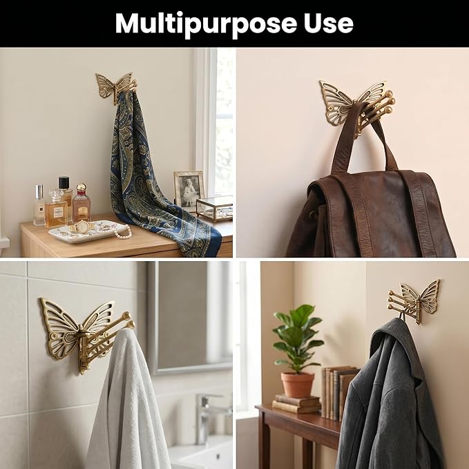 Indian Shelf 33Lb. Brass Butterfly Foldable Coat Hooks Heavy Duty, Swivel Tri Arm Decorative Wall Hooks Gold Key Holder, 3 Prong Vintage Gold Coat Rack Wall Mount, Folding Hat Rack