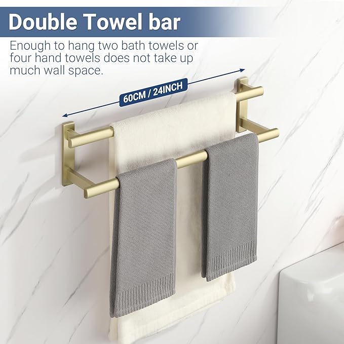 SAYAYO Double Towel Bar for Bathroom, 24 Inch Brushed Gold Bath Towel Rack Towel Holder Wall Mounted, SUS304 Stainless Steel