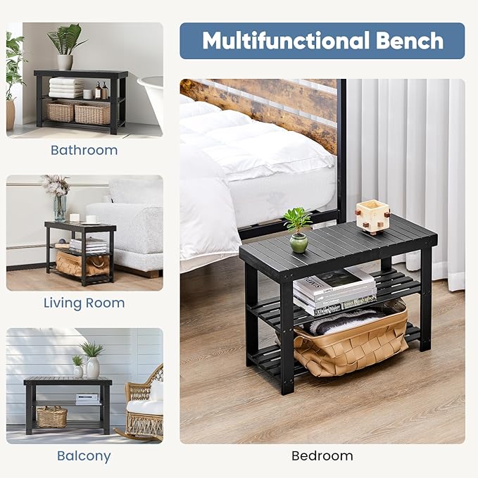 NEWBULIG Shoe Rack Bench, 3-Tier Bamboo Shoe Organizer, Wooden Entryway Storage Bench, 286 lb Load Capacity, 11.2x27.6x17.9 Inches, for Entryway Bathroom Bedroom Balcony, Black