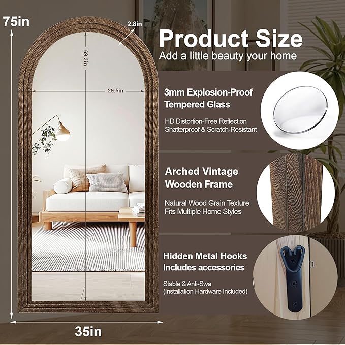 Delma Arched Full Length Floor Mirror with Stand, 75x35 Rustic Farmhouse Solid Wood Frame Wall Mirror for Bedroom, Living Room, Vertical Hanging & Standing(Brown)