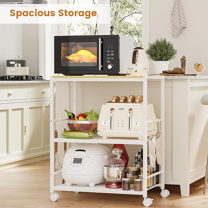 Rolling Kitchen Microwave Cart, 3-Tier Microwave Stand with Adjustable Shelf, Kitchen Storage Cart on Lockable Wheels, Coffee Bar Cart Shelf Rack Organizer for Kitchen, Living Room, Office, Balcony