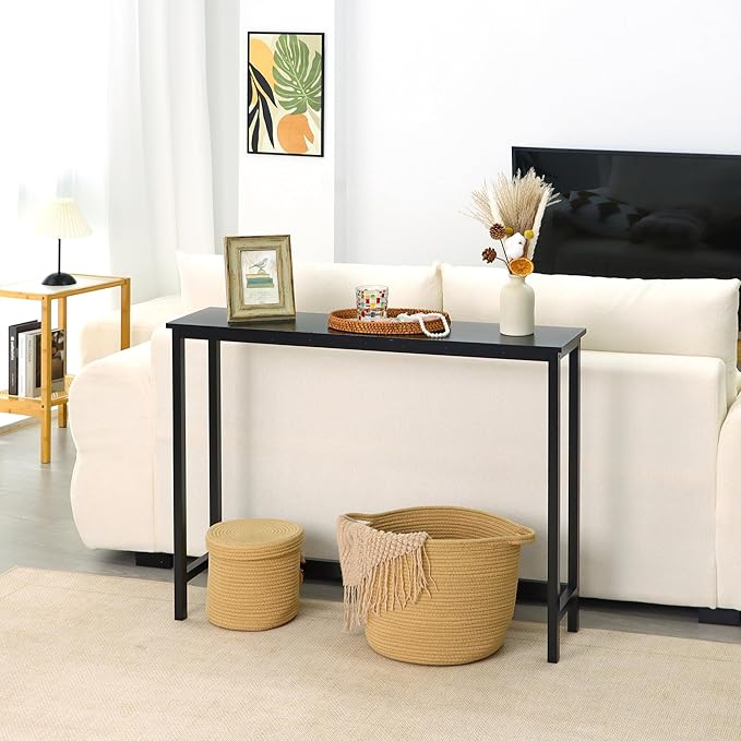 Bamboo Narrow Console Table, 39.4"(L) Wood Small Entryway Table, Accent Slim Hallway Tables, Thin Sofa Side Tables for Hallway, Living Room, Bedroom, Foyer, Black