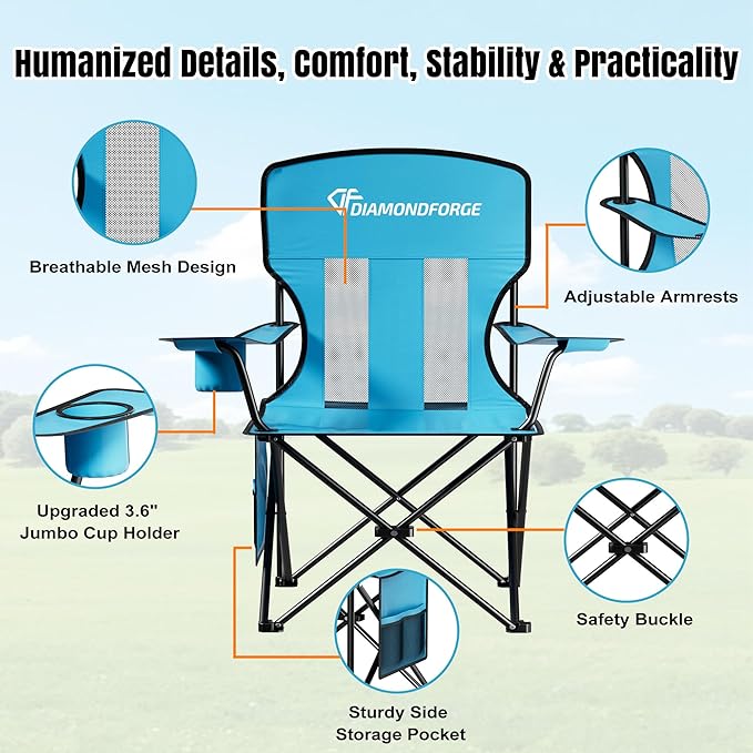 Camping Chairs, High Back Breathable Mesh Camping Chair 300 LBS Capacity, Portable Outdoor Lawn Chairs Folding with Cup Holder for Picnic, Lawn, Beach, Fishing and Sports (Blue)