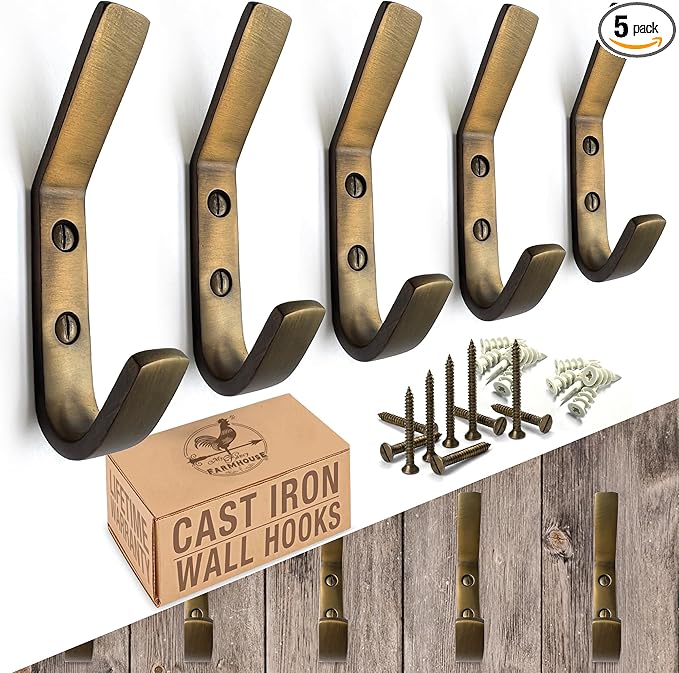 Modern Cast Iron Coat Hook (5 Pack) Heavy Duty Farmhouse Entry Wall Hooks for Hanging Coats, Bags, Jackets, Towels (Black, Includes Hardware) (Antique Bronze)