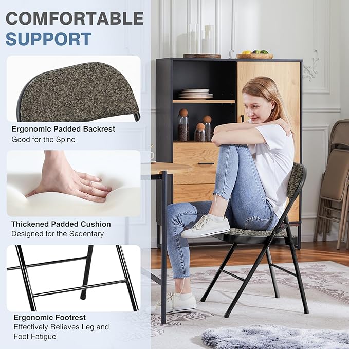 DUMOS 10 Pack Folding Chairs with Padded Cushion and Back - Fabric Stackable Portable Dining Chairs Set, for Home and Office, Conference, Wedding, Party, Patio, Garden, for Indoor Outdoor, Black Grey
