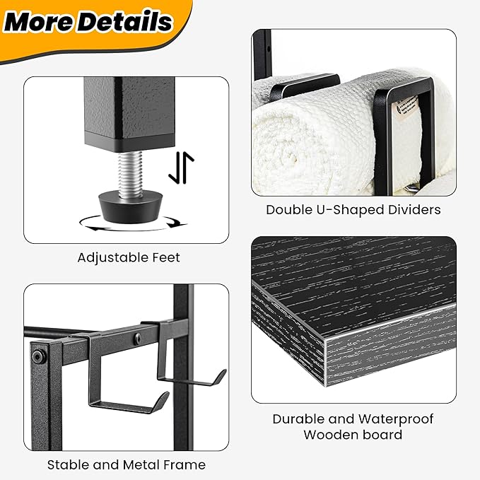 Aquzee Towel Storage for Bathroom, 3-Tier Towel Drying Rack Stand, Standing Towel Racks, 2 Hooks for Looafhs, Towel Holder for Rolled Folded Drying Towels, Black