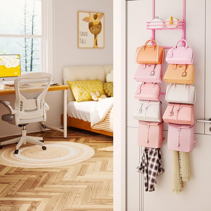 HapiRm Over the Door Purse Organizer - Wall Mounted Purse Rack with 10 Hooks and Metal Basket, Hanging Handbag Organizer Holds up to 10 Bags, Bag Rack Can Use As 1/2 Part, for Door, Closet (Pink)