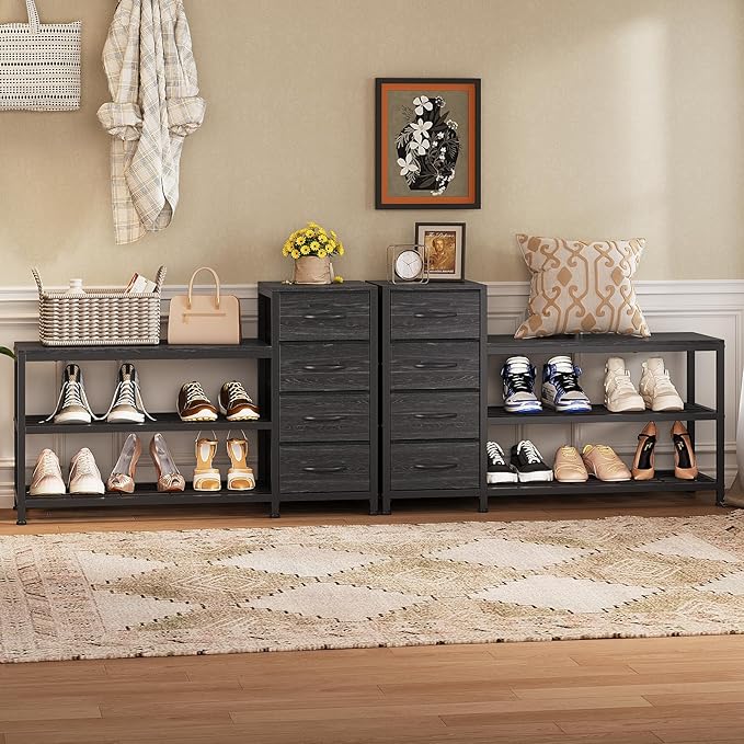 EXOTICA 3 Tier Entryway Bench Shoe Storage Bench with 4 Fabric Drawers Metal Frame and Wooden Board Shoe Rack Bench with Seat for Entryway Hallway Front Door Doorway