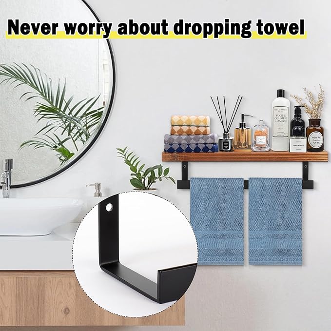 Hand Towel Holder/Towel Ring with Wooden Shelf, Hand Towel Rack, Hand Towel Hanger for Bathroom, Bath Accessories Wall Mounted, (Matte Black, 12"-Squ Shaped)