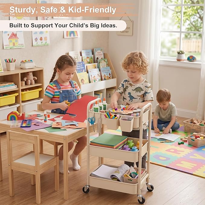 3 Tier Beige Rolling Storage Cart Metal on Wheels, Cream Three Tiered Diaper Caddy with Wheels,Utility Organizer Trolley for Nursery,Postpartum,Art,Craft,Khaki Roller Bedside Carts for Baby Essentials