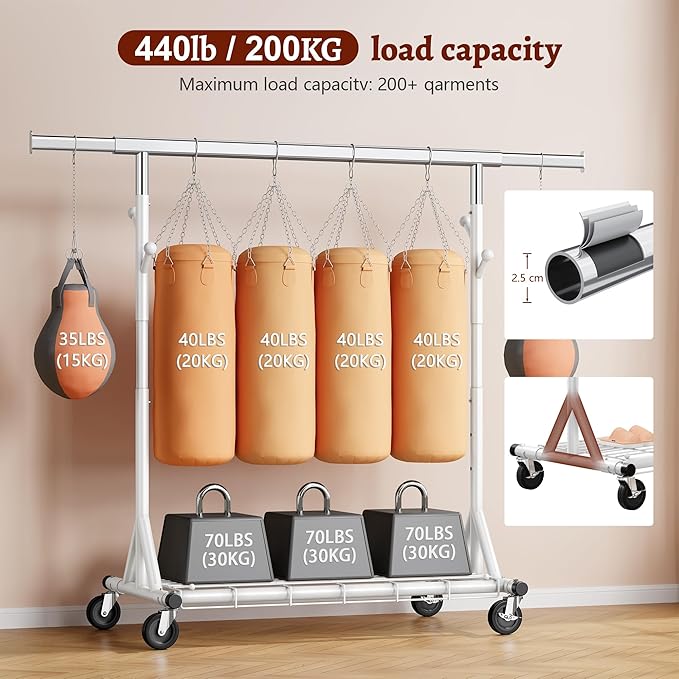 FAVOOSTY Heavy Duty Clothes Rack for Hanging Clothes, Rolling & Extending Clothing Rack with Wheels, Garment Coat Rack Freestanding, Portable Clothes Rack, White