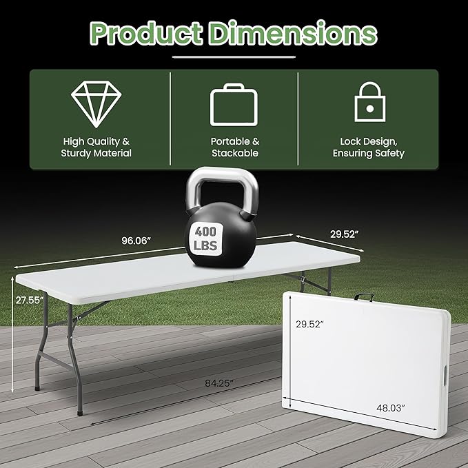 Folding Table 8FT Portable Heavy Duty Plastic Table with Carrying Handle Fold-in-Half Utility Foldable Tables for Parties Wedding Events Dining Indoor Outdoor Picnic (White)