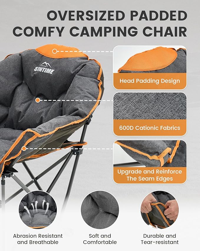 Upgrade Oversized Padded Camping Chair with Adjustable Cup Holder,Weight Capacity 400 LBS,Built-in Comfy Foam Armrest Supports,Heavy Duty Moon Leisure Folding Chair for Camping, Orange (2 Pack)