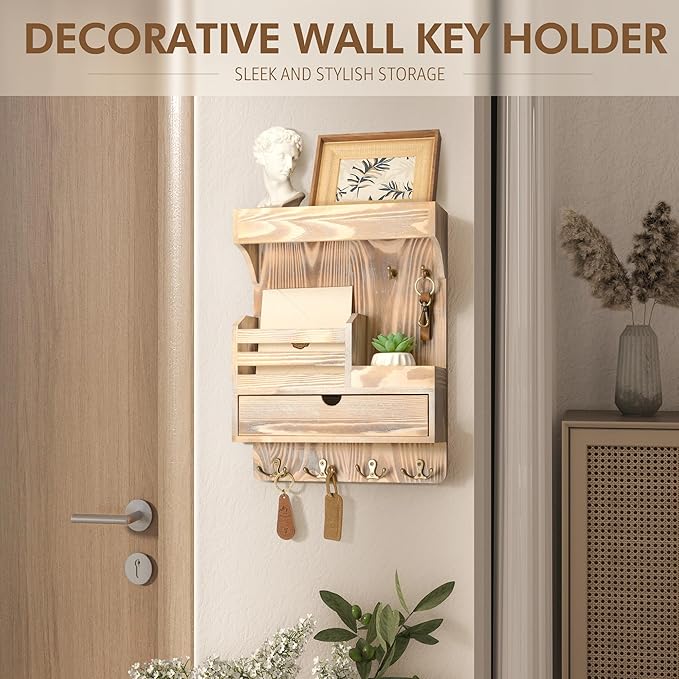 Rebee Vision Farmhouse Key Holder Wall Mount with Drawer Organizer – Wooden Mail & Key Organizer with 6 Strong Hooks & Wall Shelf – A Perfect Addition to Your Farmhouse Home Decor (Natural Wood)