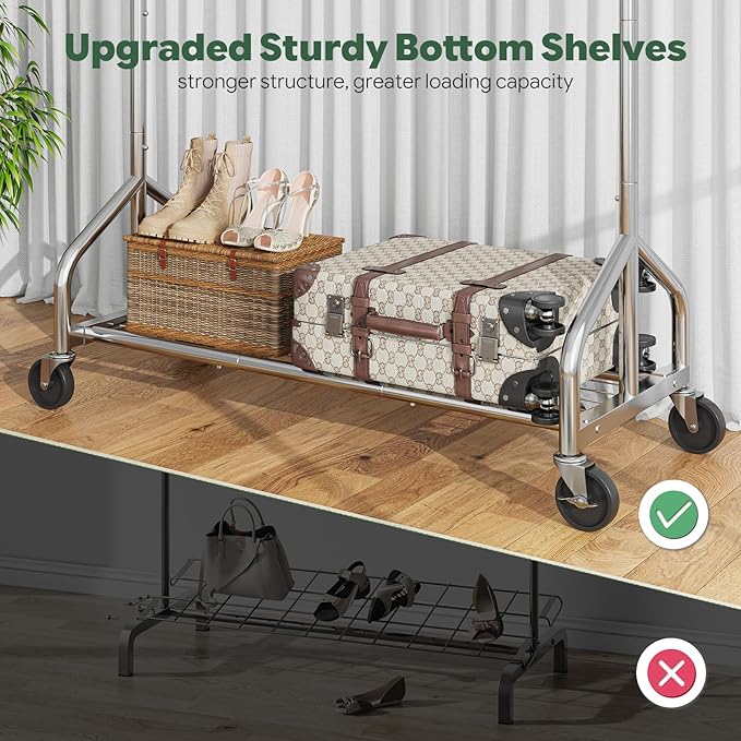 Simple Trending Heavy Duty Clothes Rack Load 420 LBS, Rolling Clothing Racks with Lockable Wheels, Metal Garment Rack for Hanging Clothes, Bedroom, Laundry Room, Silver