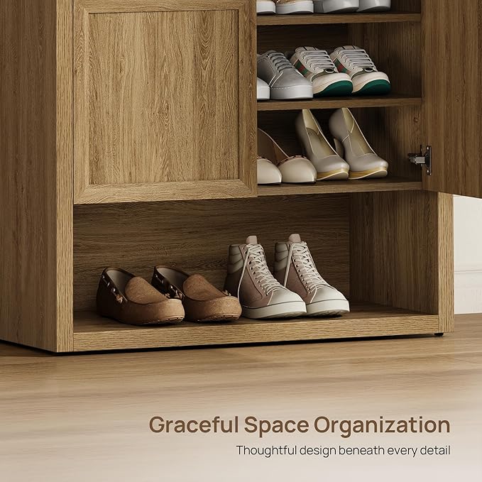 SICOTAS Shoe Cabinet Storage for Entryway - 48-Pair Shoe Cabinets with Doors and Adjustable Shelves, Modern Large 7-Tier Shoes Storage Cabinet for Mudroom Closet Hallway Living Room, Brown Oak, 2PCS