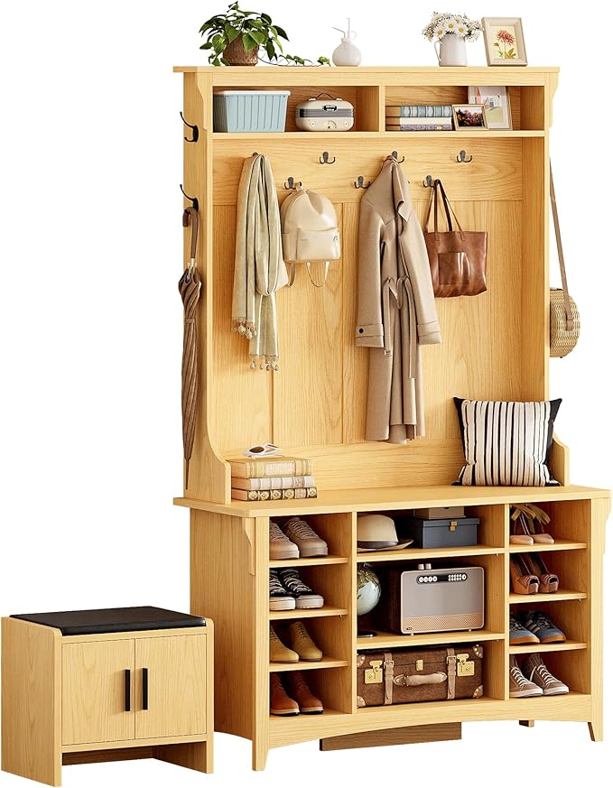 IRONCK 80" H 47" W Large Hall Tree with Bench and Shoe Storage, 6-in-1 Entryway Bench with Coat Rack, Adjustable Shelf, Hanging Hooks, 11 Shoe Cubbies, 2-Tier Top Storage for Entryway and Bedroom, Oak