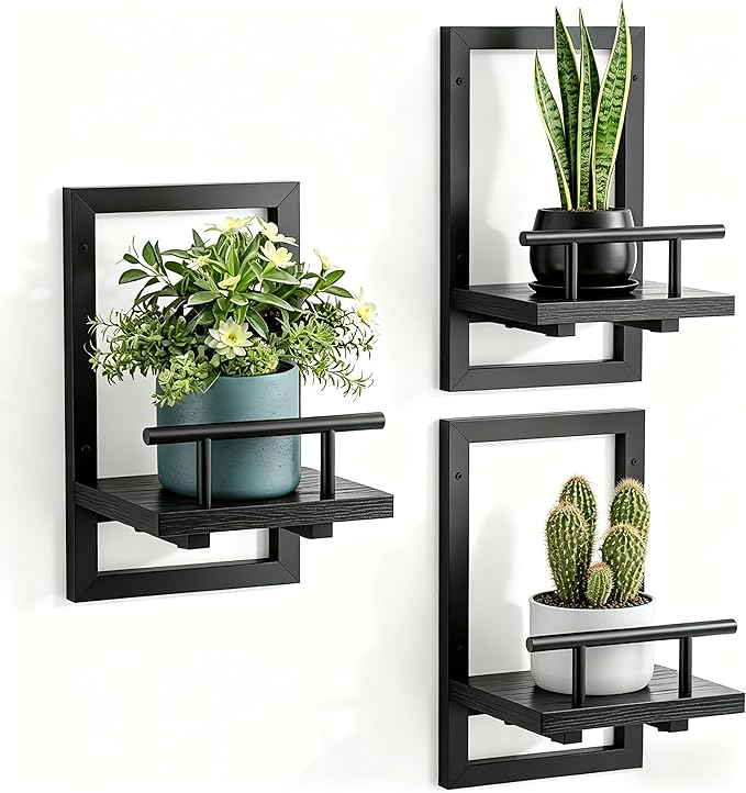 Sbosbo Floating Shelves for Wall, Plant Shelf Indoor, Wall Planters for Indoor Floating Plant Shelves for Bedroom, Living Room, Kitchen, Office, Bathroom Decor (Black, 3 Pack)