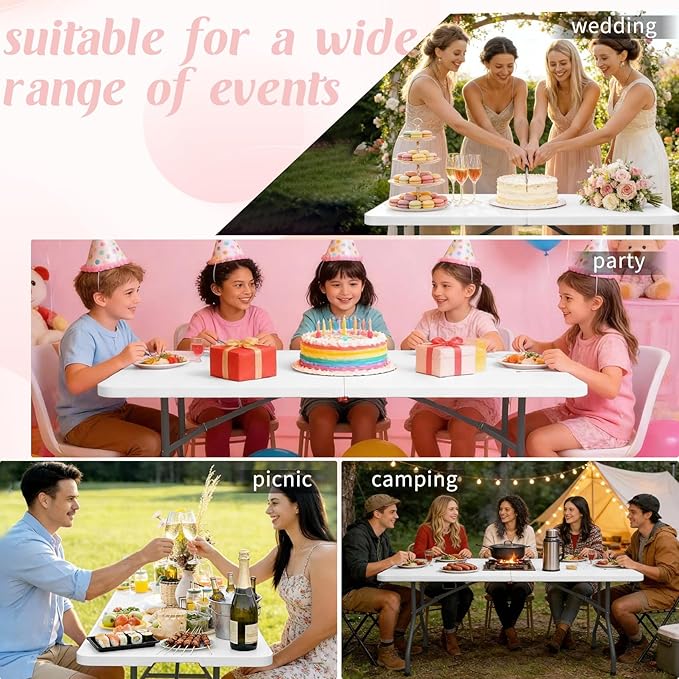 Fivenl 2 Pack 6 Feet Portable Folding Table White, Steel Legs Fold-in-Half with Carrying Handle Rectangular Plastic Foldable Table for Party, Wedding, Camping, Picnic, Dining, Indoor Outdoor Events
