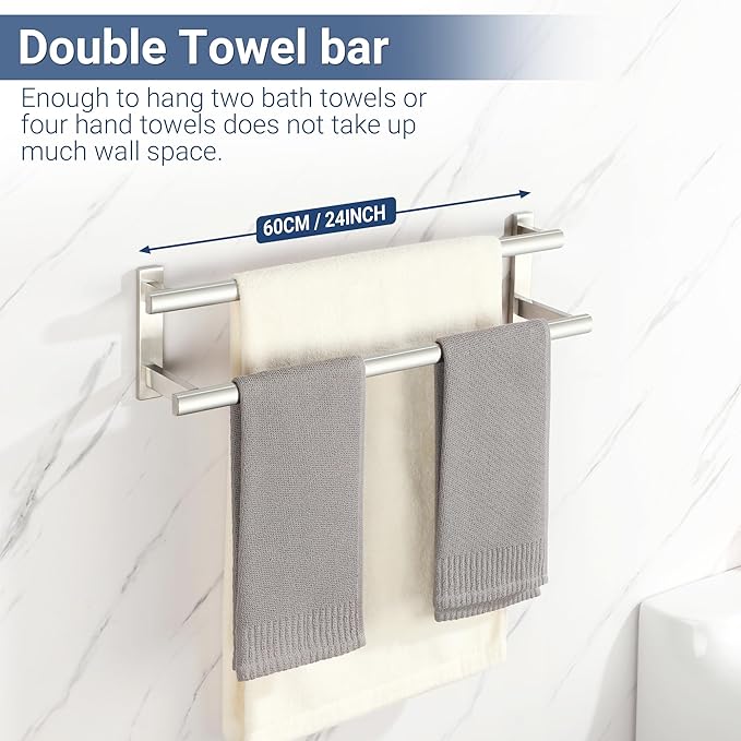 SAYAYO Double Towel Bar for Bathroom, 24 Inch Brushed Nickel Bath Towel Rack Towel Holder Wall Mounted, SUS304 Stainless Steel