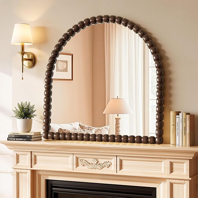 31"×32" Brown Arched Bathroom Vanity Mirror, Vintage Beaded Decorative Wall Mounted Makeup Mirror, as Wall Decor Hanging Leaning for Fireplace Mantle, Living Room, Bedroom, Vanity Area