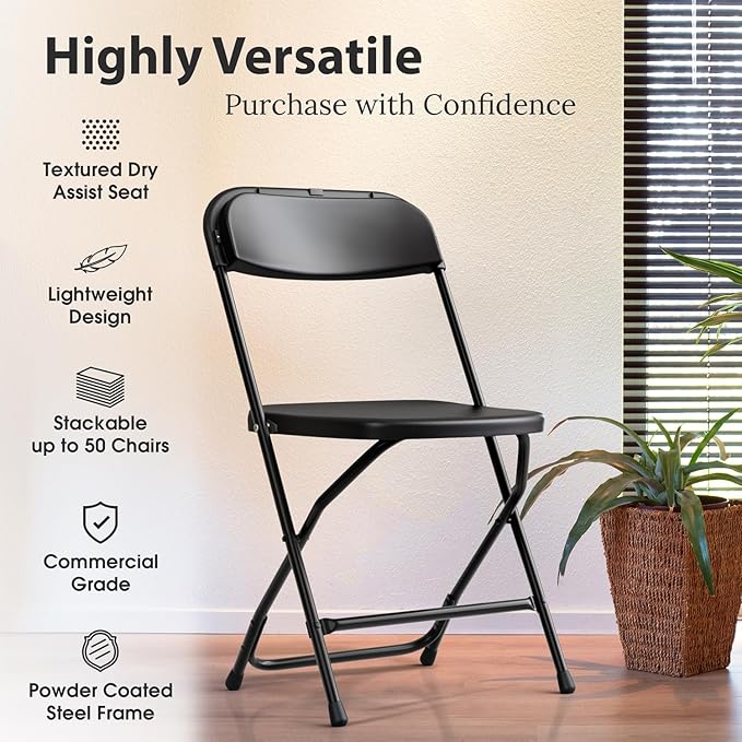 Our Modern Space 10 Pack Foldable Plastic Chair | Folding & Stackable | 350 lbs Capacity Steel Frame Seats for Indoor Outdoor | Commercial Use Events Wedding Party Bulk Picnic Kitchen Dining - Black