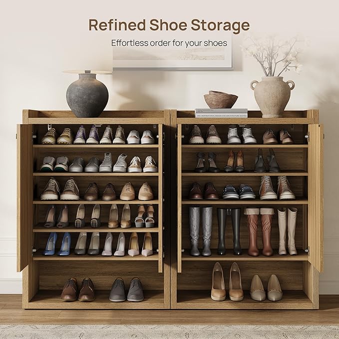 SICOTAS Shoe Cabinet Storage for Entryway - 48-Pair Shoe Cabinets with Doors and Adjustable Shelves, Modern Large 7-Tier Shoes Storage Cabinet for Mudroom Closet Hallway Living Room, Brown Oak, 2PCS