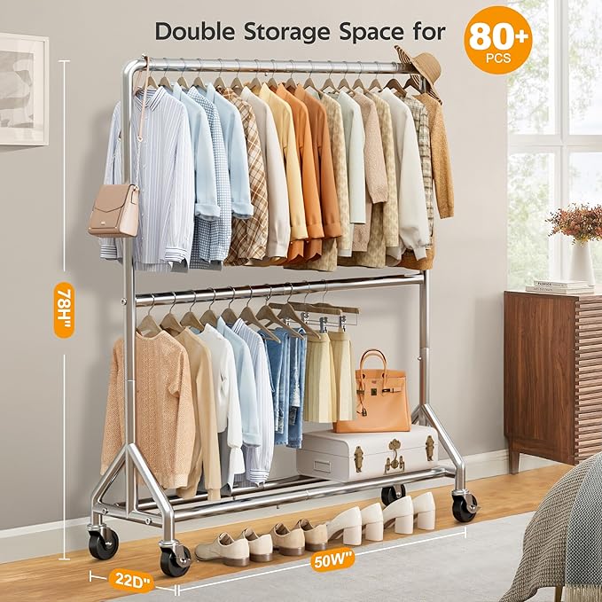 AOODA 50'' W Heavy Duty Clothes Rack for Hanging Clothes, Double Rods Industrial Clothing Rack with Wheels, Sturdy Rolling Garment Rack for Shirts, Coats, Jackets (Silver)