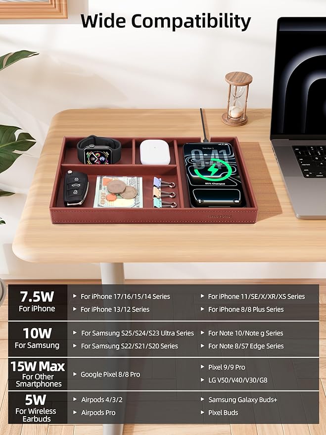 Valet Tray, Built in Wireless Charger, Nightstand Organizer, Mens Jewelry Box, Dresser Organizer, Valet Charging Station, Faux Leather Valet Tray for Men and Women, Brown