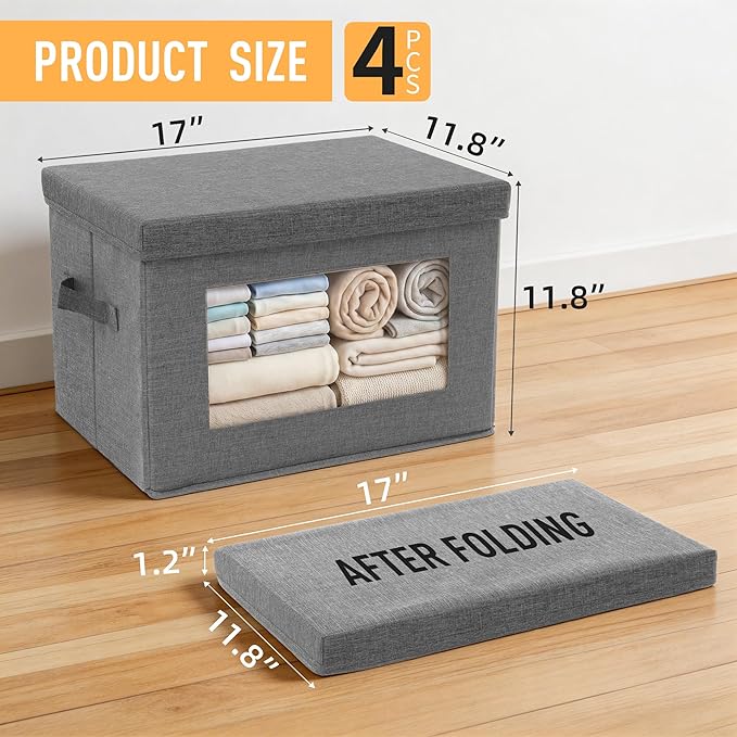 4-Pack Storage Bins with Lids, Fabric Foldable Storage Bins with Soft Cord Handles, Cube Closet Organization for Clothes, Blankets and Books, Gray
