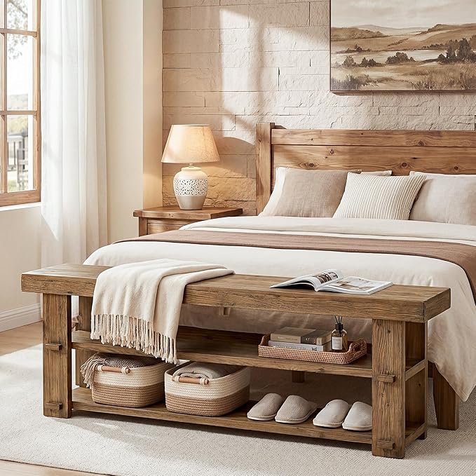 Solid Wood Entryway Bench, 55'' End of Bed Bench with 2-Tier Shoe Storage Shelves, Farmhouse Shoe Bench for Entryway, Hallway, Bedroom, Mudroom, Rustic Brown