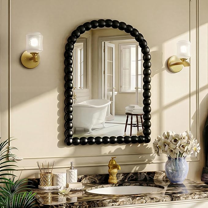 22"×30" Black Arched Bathroom Vanity Mirror, Vintage Beaded Decorative Wall Mounted Makeup Mirror, as Wall Decor Hanging Leaning for Fireplace Mantle, Living Room, Bedroom, Vanity Area