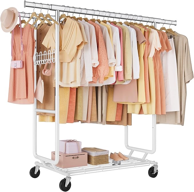 FAVOOSTY Heavy Duty Clothes Rack for Hanging Clothes with Double Rods, Rolling & Extending Clothing Rack with Wheels, Garment Coat Rack Freestanding, Portable, White