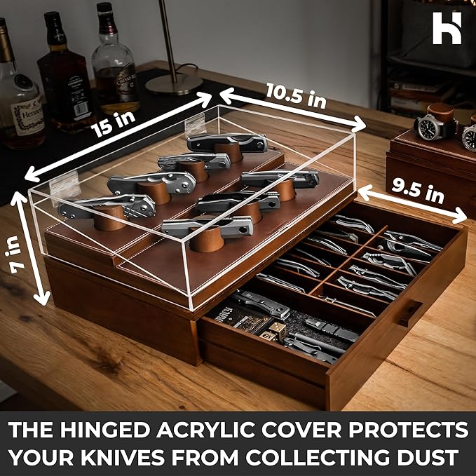 Premium Pocket Knife Display Case for 30 Knives - Large Wooden Knife Organizer, Storage & Holder with Unique Pillars, Hinged Cover, Drawer - Knife Collection Box - Handcrafted Father's Day Present