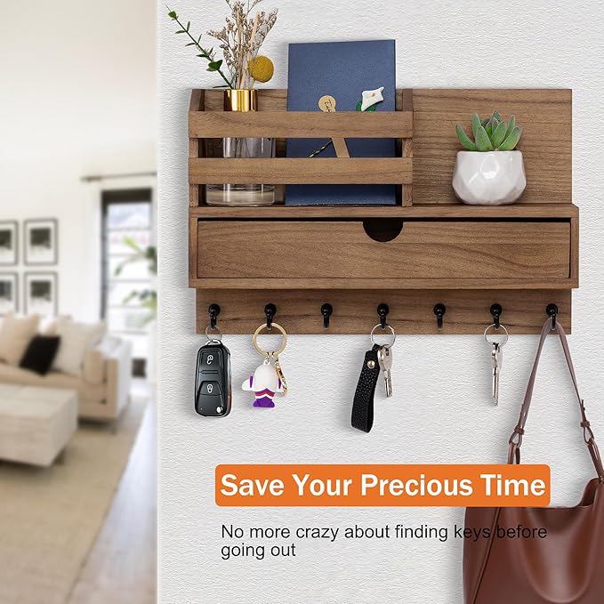 dreampossible Key and Mail Holder for Wall, Mail Organizer Wall Mount with 6 Hooks and Storage Drawer, Wooden Key Rack Hanger with Shelf for Entryway and Home Decor