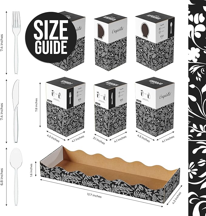 Exquisite Utensil Caddy Organizer with Clear Plastic Forks and Spoons & Knives Floral Kitchen Utensil Holder for Party with 3 x 100 Plastic Spoons and Forks Disposable Knives Clear Cutlery Set