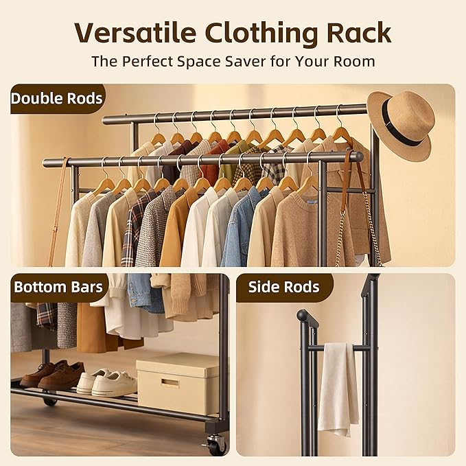 ViviDreamore Double Rods Clothes Rack, Rolling Clothing Rack for Hanging Clothes, Heavy Duty Metal Garment Rack, Multifunctional Coat Rack for Bedroom Laundry Living Room, Black